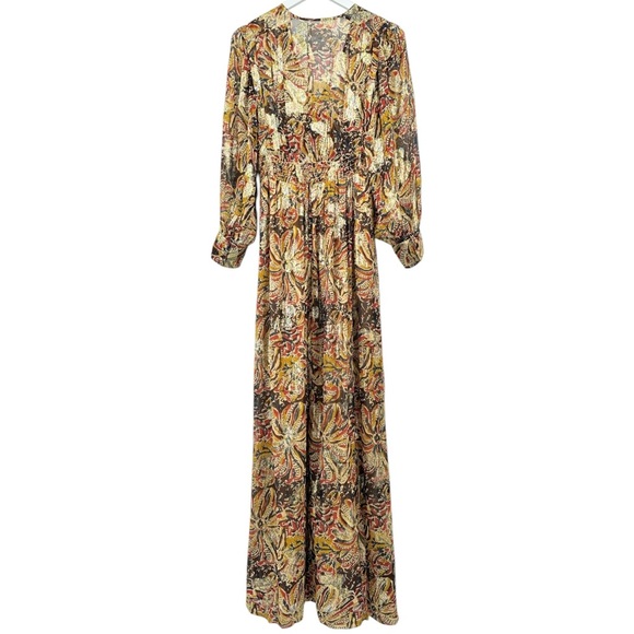 Ba&sh Quartz Dress - Metallic Gold Brown Floral V-Neck Long Sleeve Maxi Dress - Picture 6 of 14